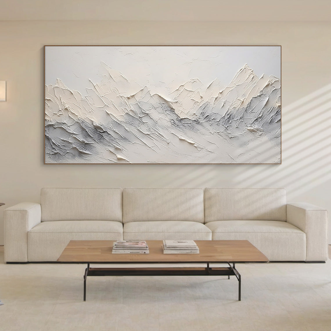 Minimalist Mountain Texture Canvas – Cream & Cool Gray Painting – AURA037(Horizontal)
