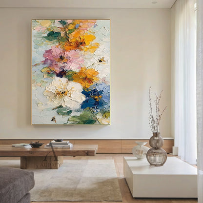 3D Impasto Textured Painting Colorful Floral Bouquet with Bees Tactile Surface Artwork AURA447
