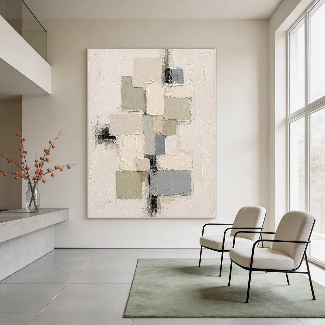 3D Textured Plaster Painting Wabi-Sabi Japandi Geometric Green Beige Knife Stroke Sculpted Canvas Wall Decor AURA753