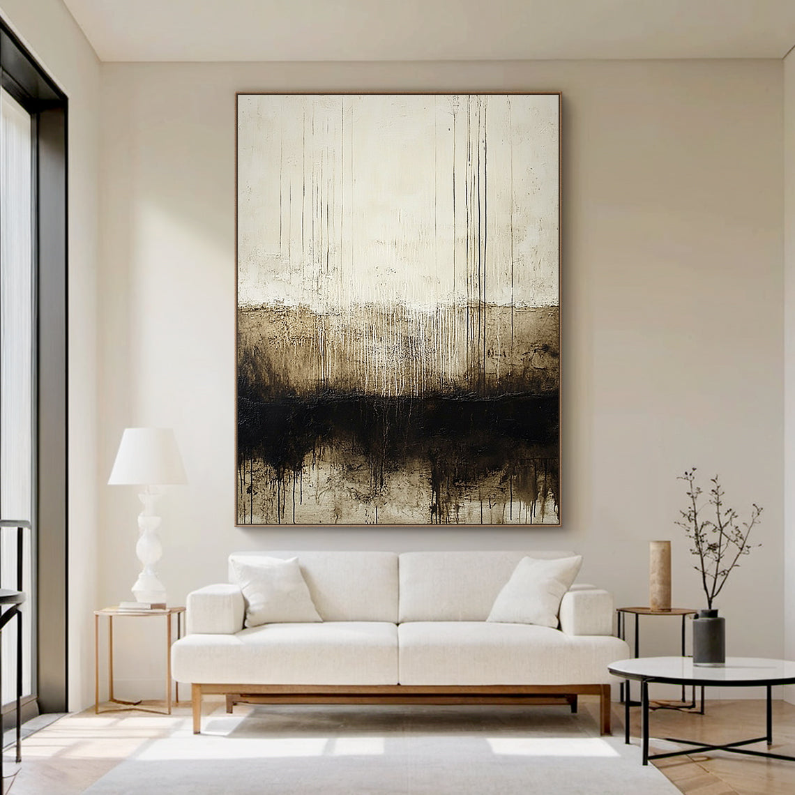 Wabi Sabi Beige Black Abstract Art with Dripped Paint Scratch Marks Tactile Texture Vertical Lines AURA590