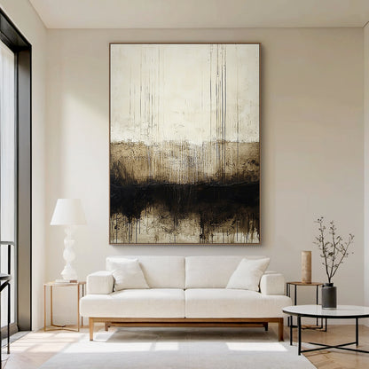 Wabi Sabi Beige Black Abstract Art with Dripped Paint Scratch Marks Tactile Texture Vertical Lines AURA590