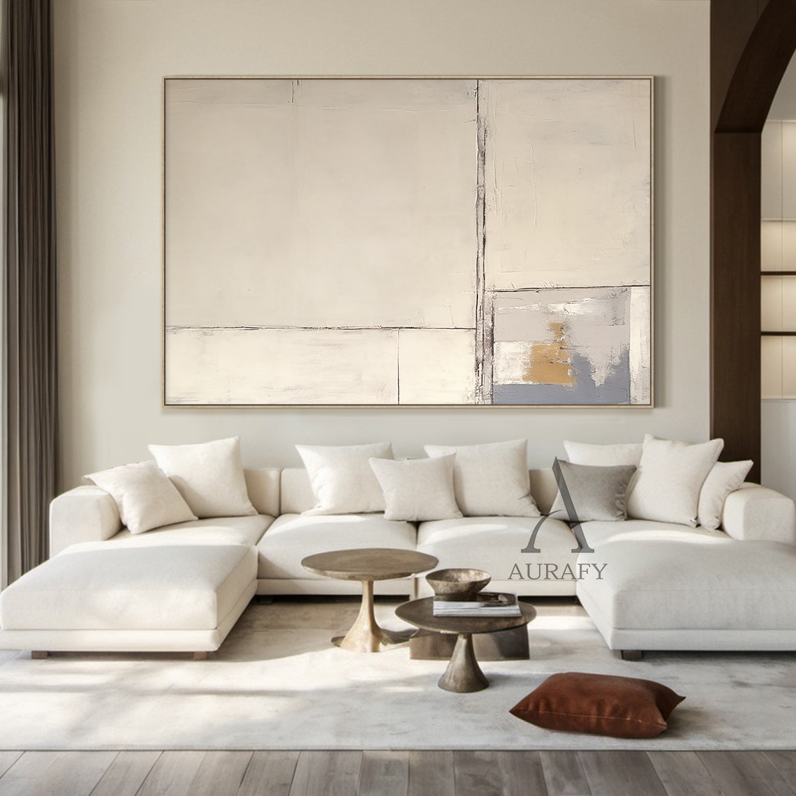 Beige Abstract Art Plaster Textured Japandi Minimalist Handmade Geometric Lines Tactile Canvas AURA490