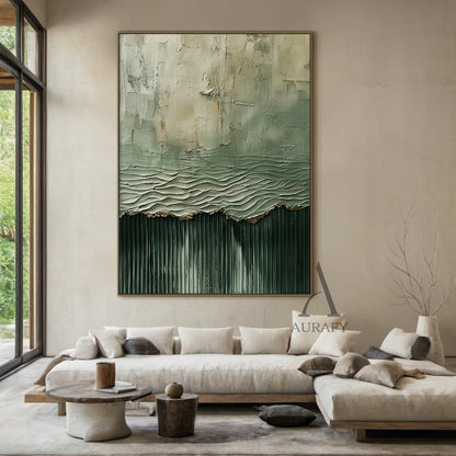 General Abstract Green Textured Art Vertical Flow Wave Thick Coat Copper Accents Worn Surface AURA508