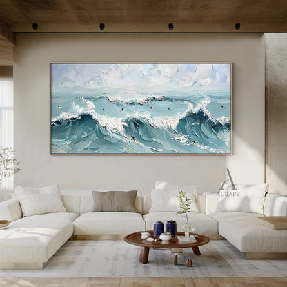 Blue Ocean Surf Art Thick Impasto Palette Knife Modern Expressionism Tactile Waves Surfers AURA415