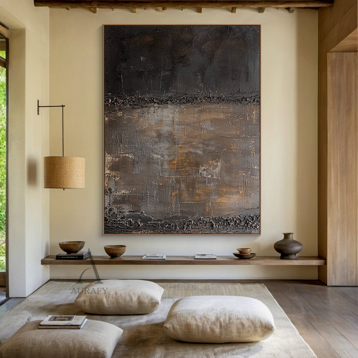 Black and Brown Abstract Painting with Granular Border Lines - AURA845