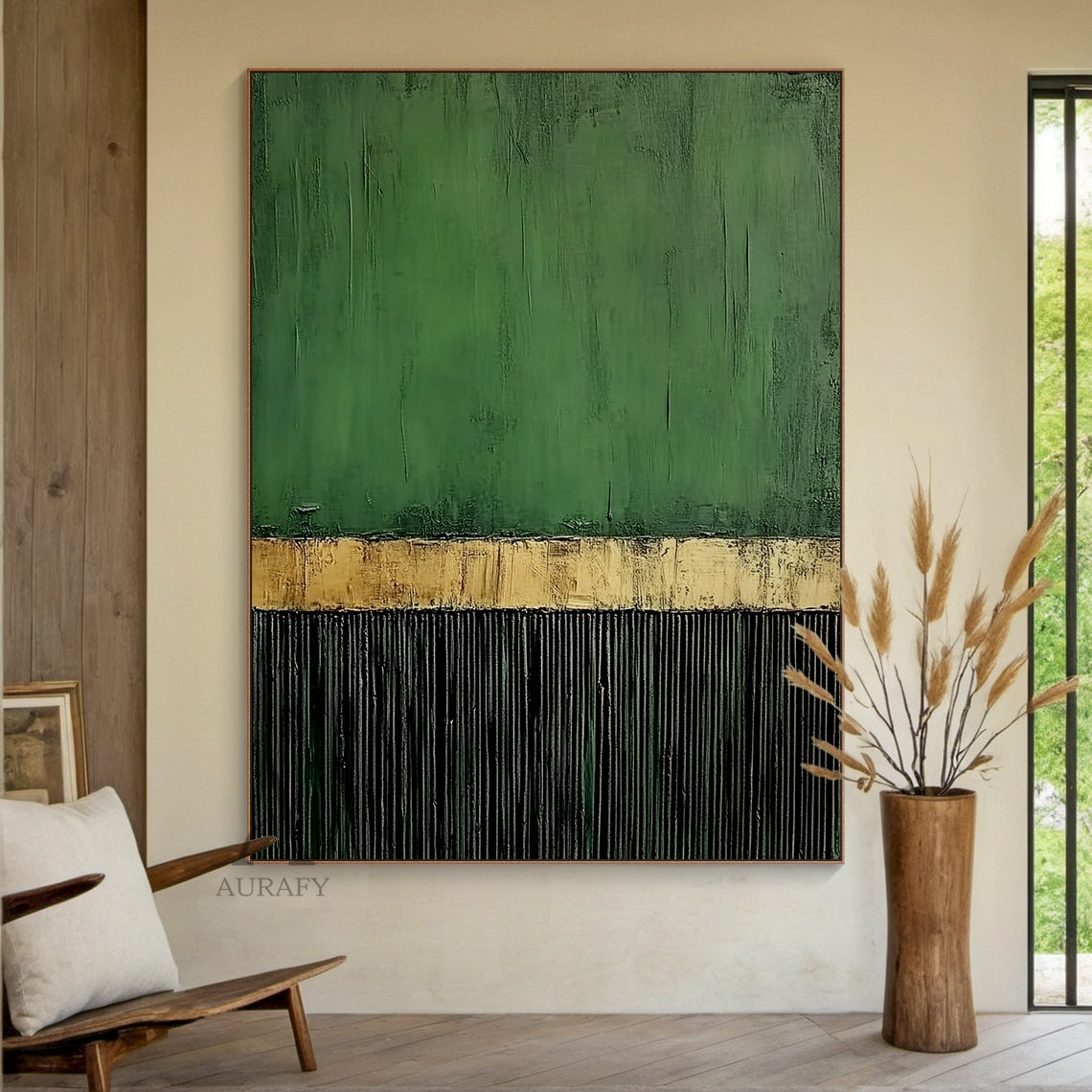 Minimalist Wall Art Green Black Textured Brush Strokes Distressed Gold Vertical Stripes Luxe Piece AURA437