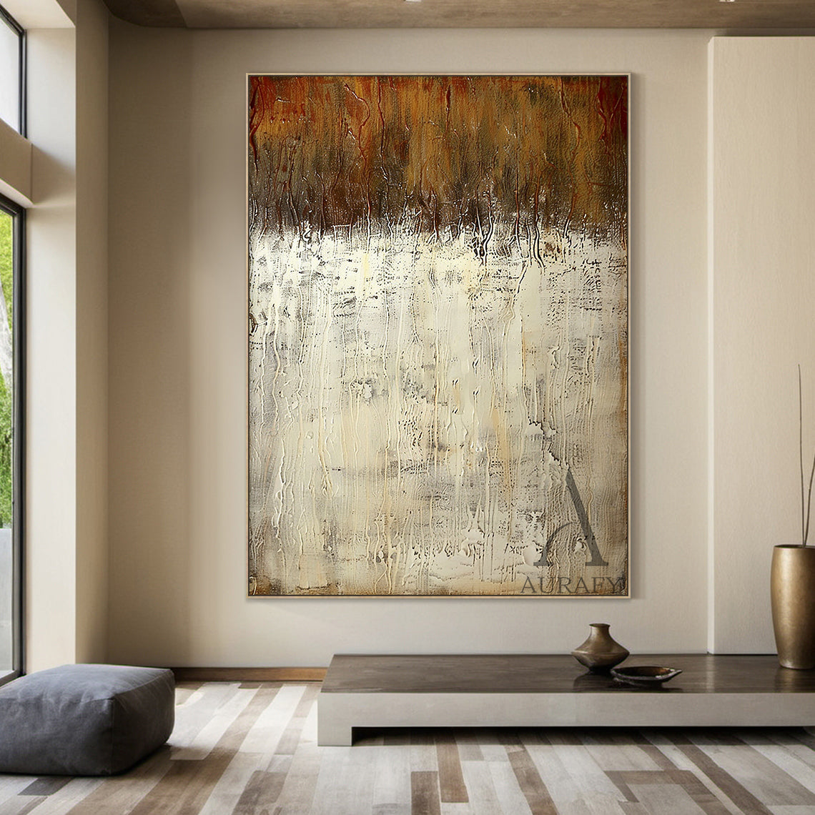 Beige Abstract Art with Tactile Plaster Texture Vertical Drips Weathered Patina Modern Organic AURA505