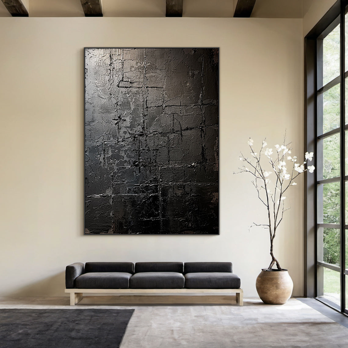 Monochrome Grid Texture Wall Art – Onyx & Charcoal Tones – AURA032(Horizontal)