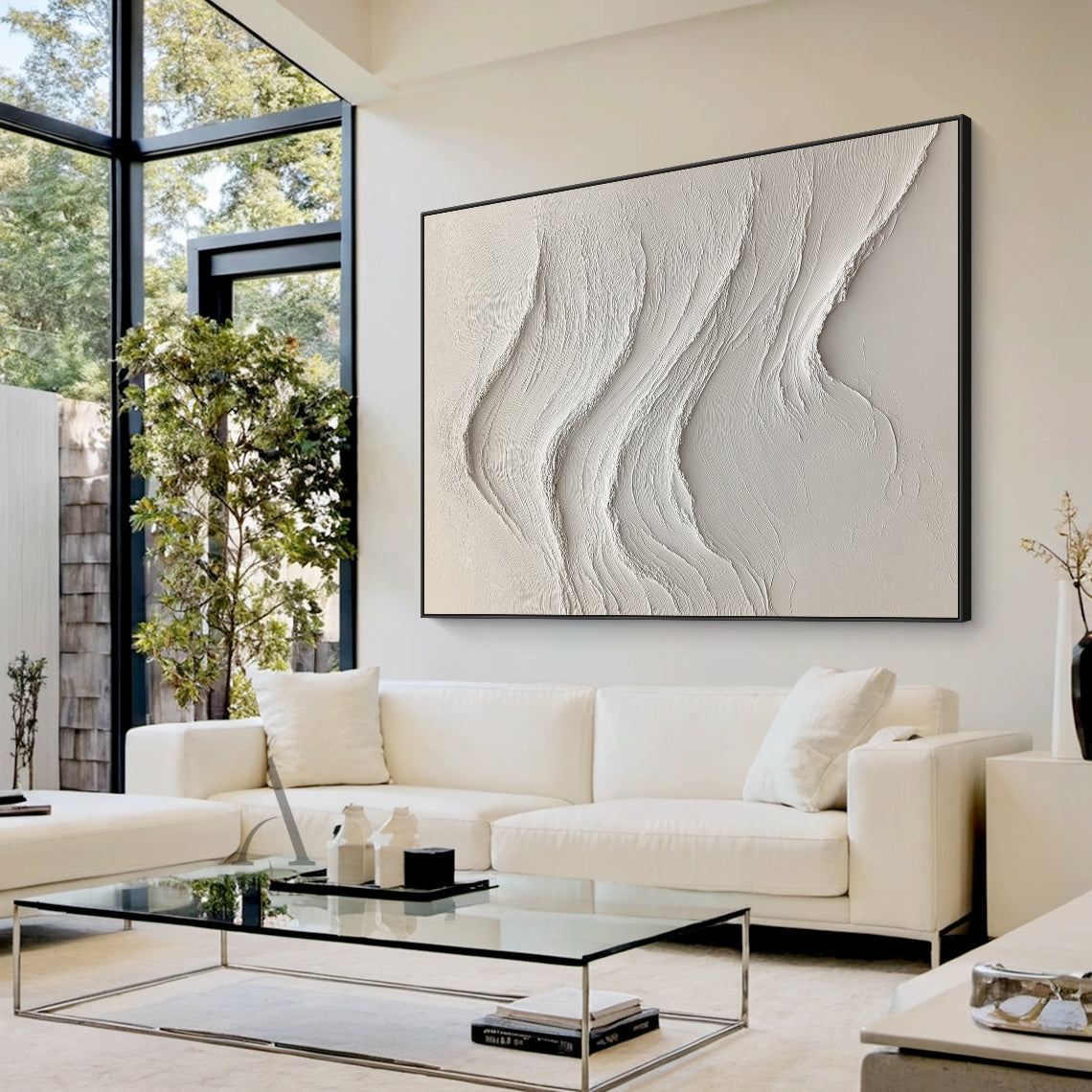 White Abstract Sea Wave Art Tactile Plaster Textured High-Relief Sculpted Minimalist Decor AURA444
