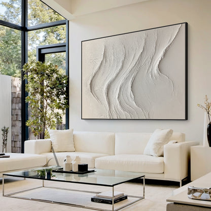 White Abstract Sea Wave Art Tactile Plaster Textured High-Relief Sculpted Minimalist Decor AURA444