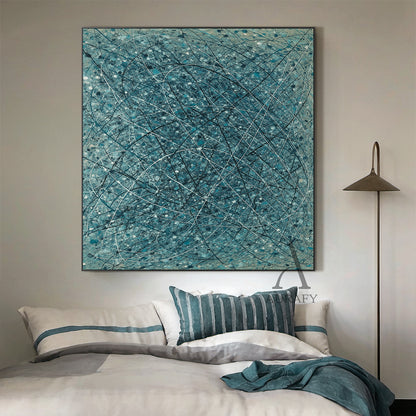 Abstract Blue Art Interwoven Lines Mottled Texture Tactile Surface Pigment Splatter Abstract Expressionist AURA509