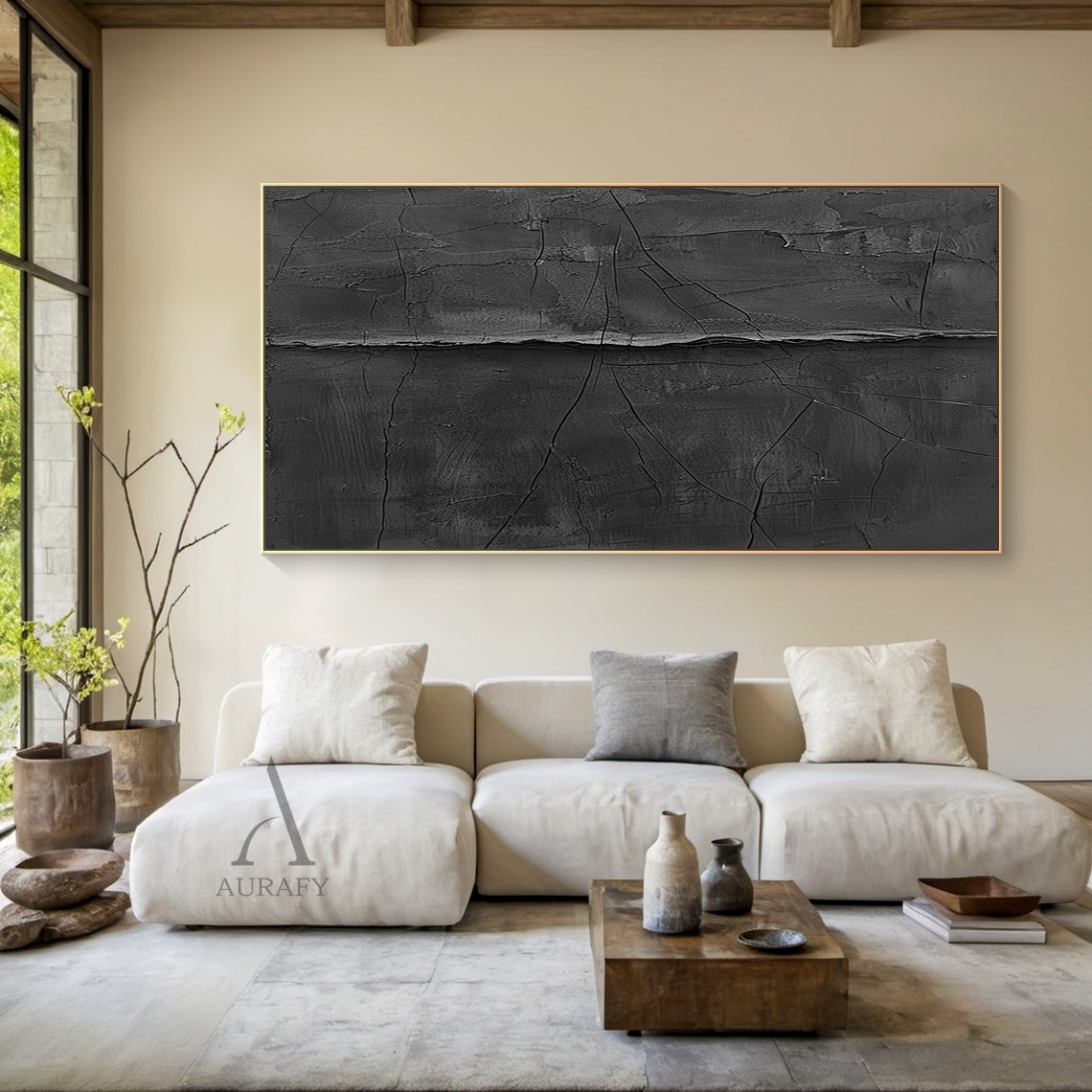 Minimalist Black Wall Art Cracked Tactile Surface High-Relief Wabi-Sabi Inspired Decorative Artwork AURA427
