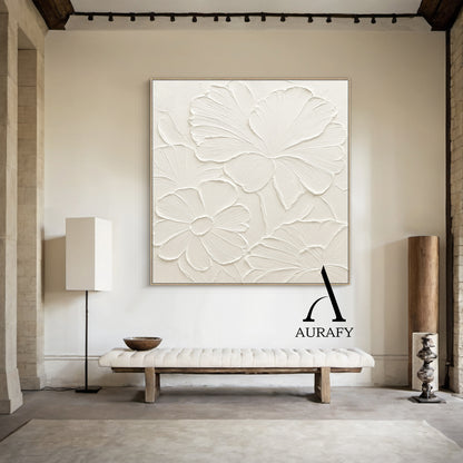 3D Textured Beige Flower Painting High-Relief Plaster Tactile Modern Organic Wabi-Sabi Art AURA510
