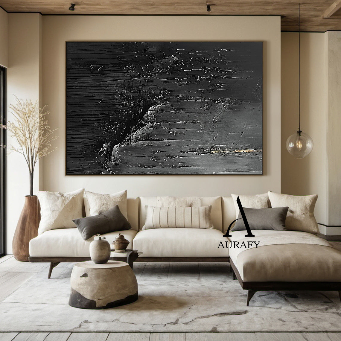 3D Textured Black Abstract Painting Tactile Surface Thick Paint Drips Scratch Marks AURA530