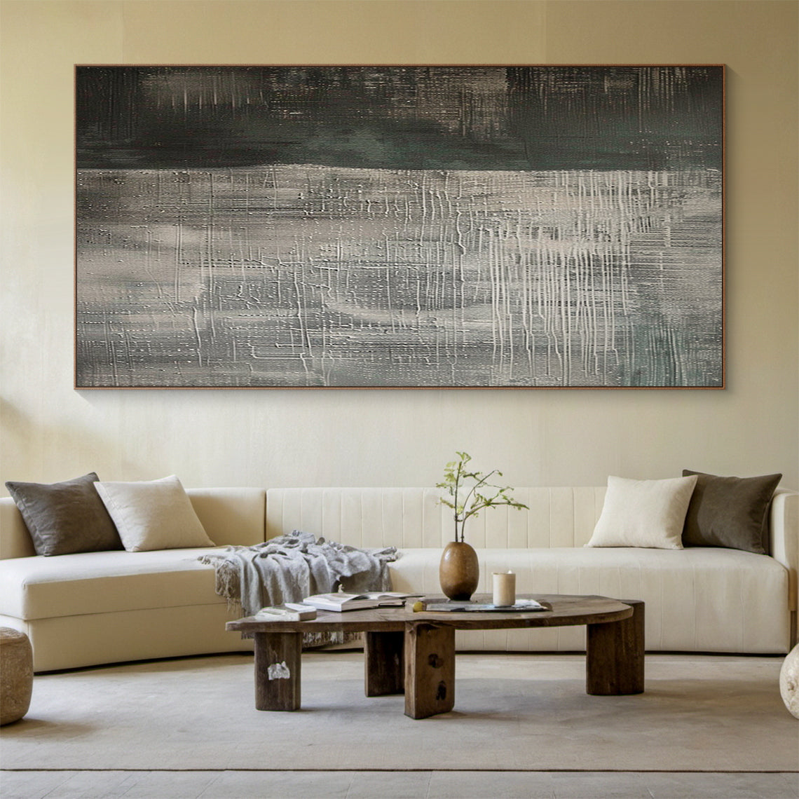 Wabi Sabi Black Gray Abstract Art Tactile Impasto Texture Interwoven Lines Irregular Scratches AURA578