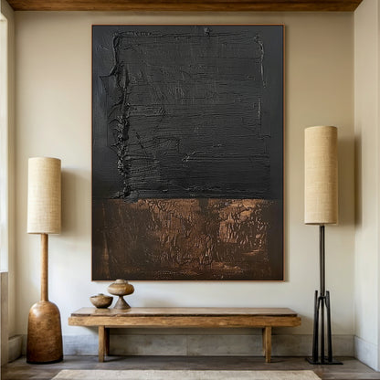 Wabi Sabi Black Brown Abstract Art with Thick Paint Distressed Edges Tactile Surface AURA579