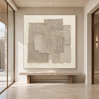 Beige 3D Textured Wall Art Japandi Frayed Linen Collage Tactile Modern Organic Minimalist Decor AURA758