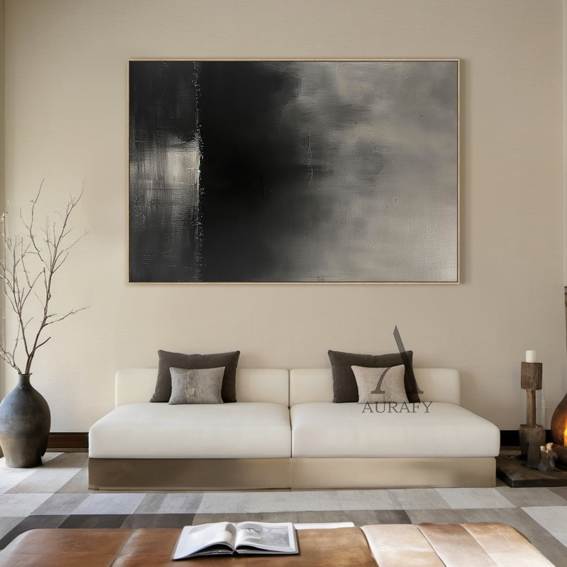 Black Abstract Art with Knife Strokes Tactile Surface Monochrome Minimalist Luxe Sculpted Canvas AURA472
