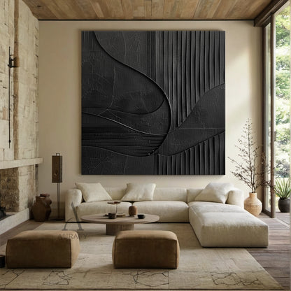 Minimalist Black Wall Art Crackled Texture Vertical Striped Tactile Sculpted Abstract Modern Organic AURA425