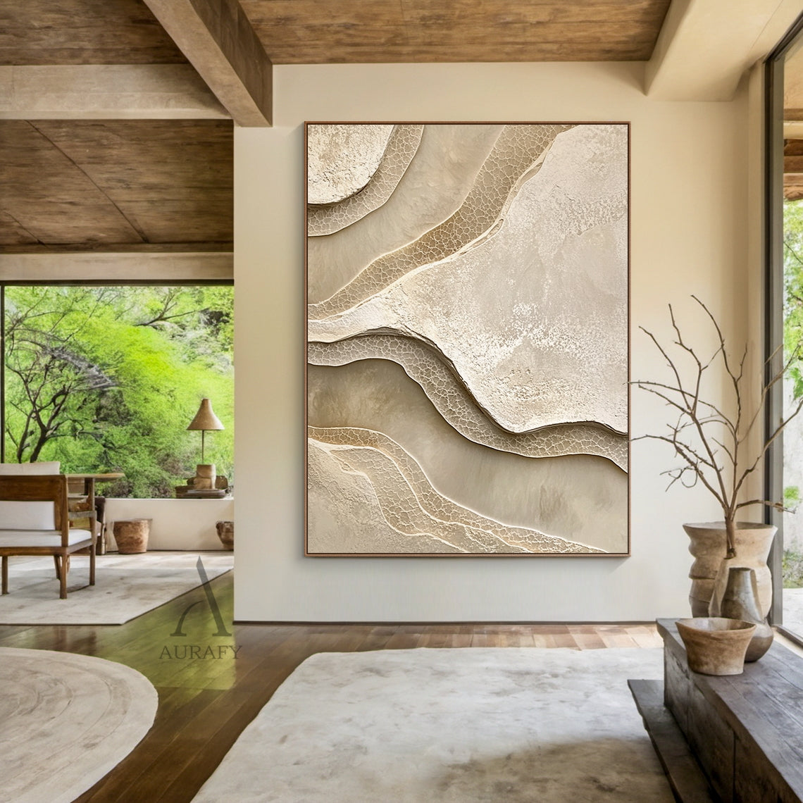 Beige Abstract Landscape Art Tactile High-Relief Plaster Sculpted Canvas Modern Organic Piece AURA439