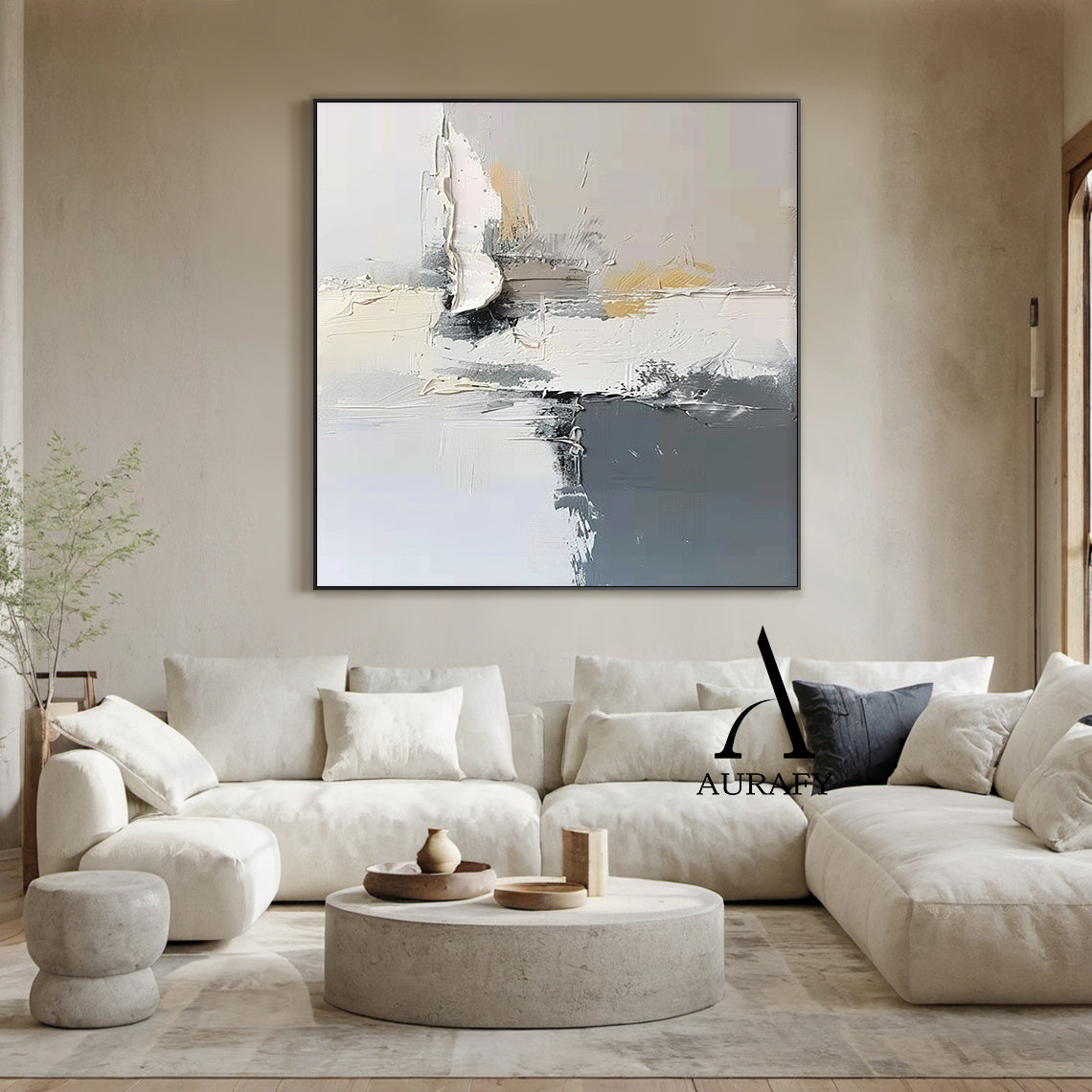 Minimalist Gray White Wall Art Wabi-Sabi Knife Stroke Plaster Textured Japandi Abstract Handcrafted Home Decor AURA543