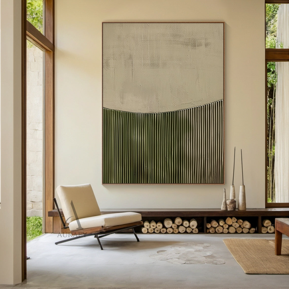 3D Textured Painting Beige Green Tactile Surface High-Relief Sculpted Vertical Stripes Modern Organic AURA465
