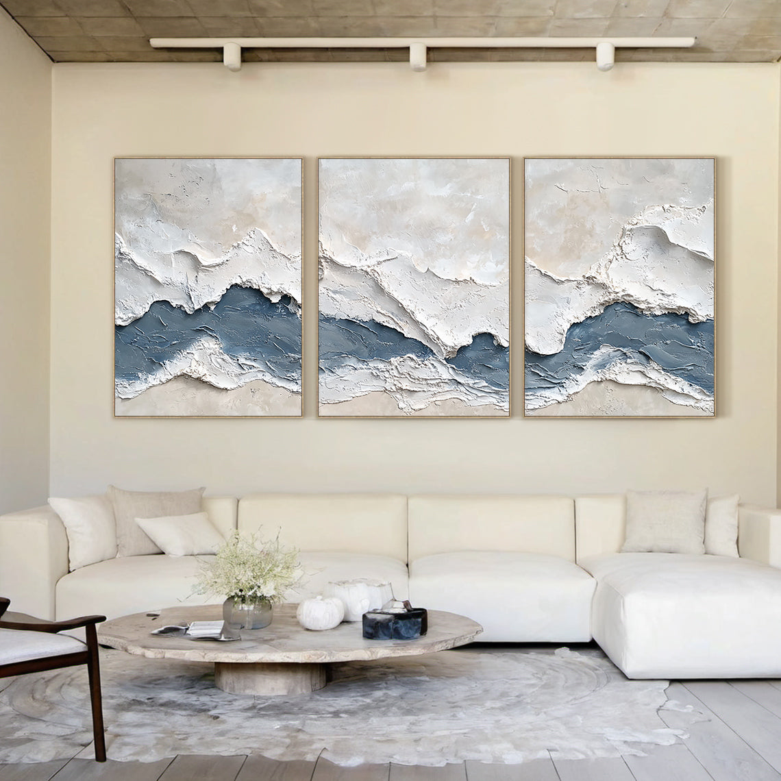 Modern 3D Textured Blue Abstract 3-Piece Living Room Wall Art AURA165