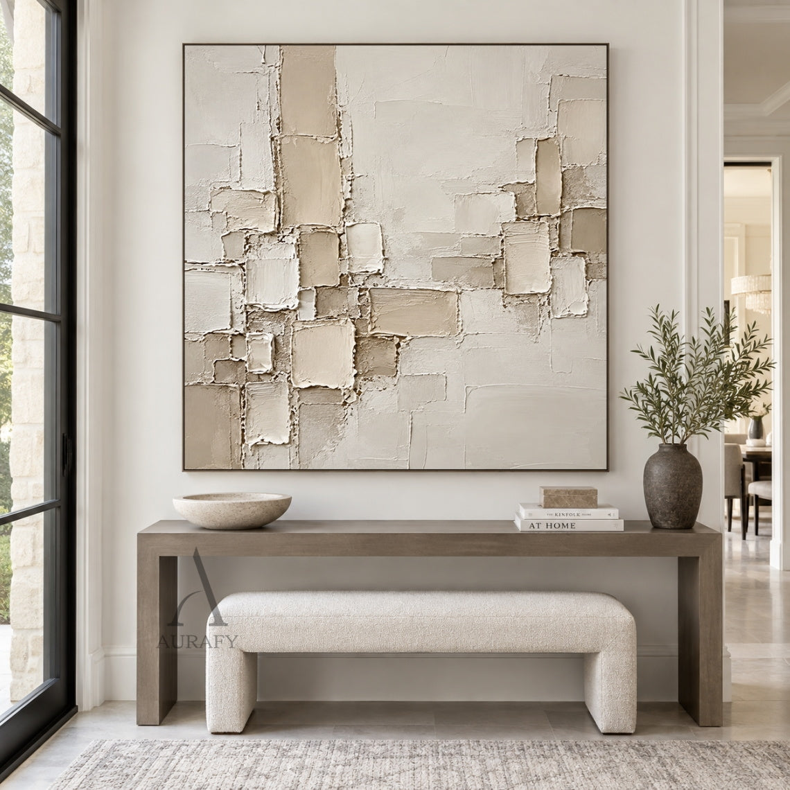 Raised Grid, Beige Geometric Impasto Wall Art AURA863