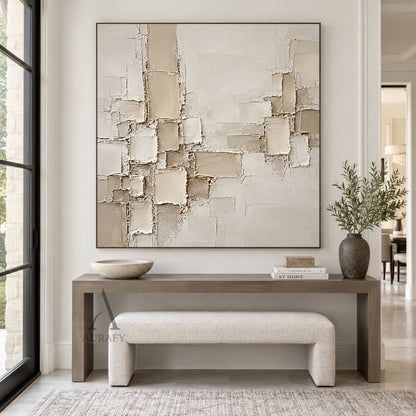 Raised Grid, Beige Geometric Impasto Wall Art AURA863