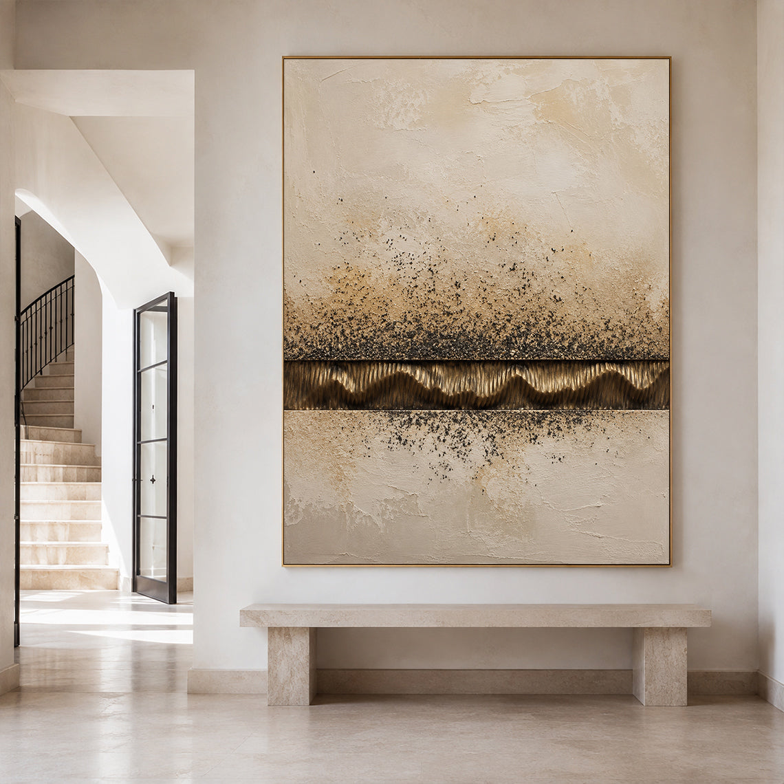 Wabi-Sabi Plaster Textured Painting Japandi Neutral Beige Brown Abstract Sculpted Canvas Gold Accent Tactile Wall Art AURA765