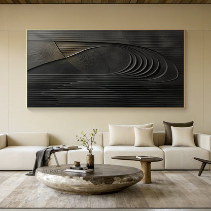 Minimalist Black Wall Art Sculpted High-Relief Tactile Surface Layered Curves Vertical Stripes AURA429