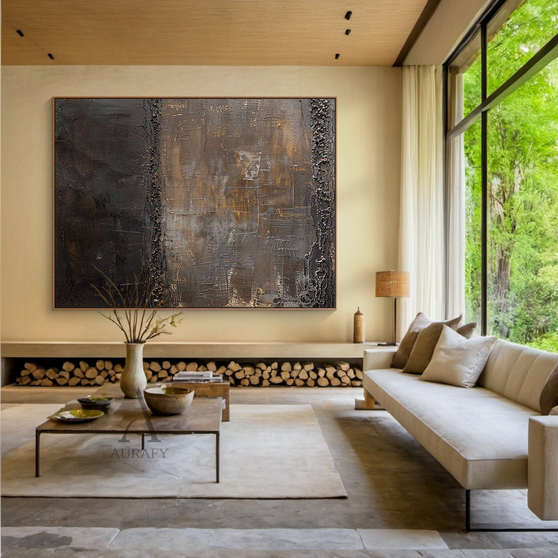 Black and Brown Abstract Painting with Granular Border Lines - AURA845