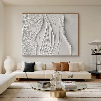 White Sea Textured Artwork High-Relief Plaster Tactile Surface Sculpted Lines Modern Organic AURA443