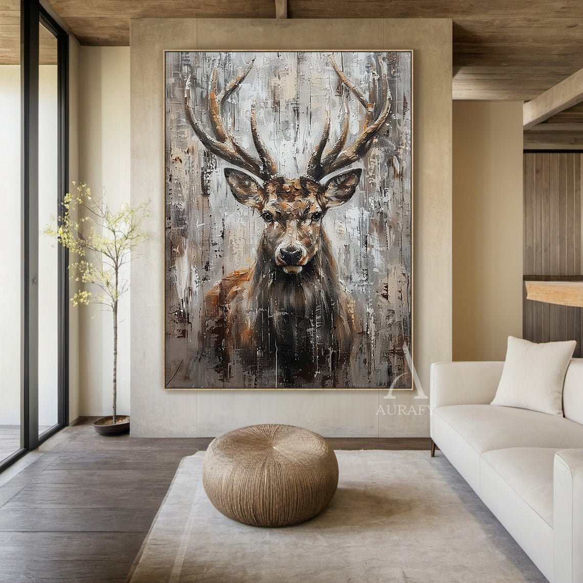 Wabi-sabi Large Textured Brown Stag Animal Oil Painting Canvas Wall Art-AURA339