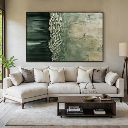 General Abstract Green Textured Art Vertical Flow Wave Thick Coat Copper Accents Worn Surface AURA508