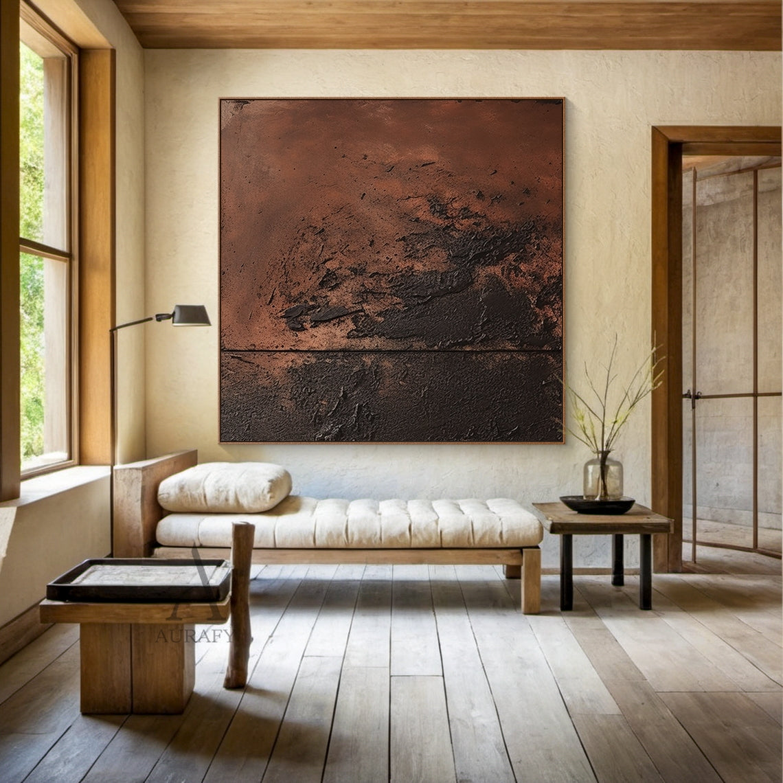 Red Brown Abstract Painting with a Sweeping Dark Textured Mass - AURA846