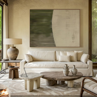 3D Textured Painting Beige Green Tactile Surface High-Relief Sculpted Vertical Stripes Modern Organic AURA465