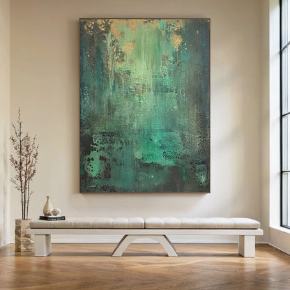 Textural Abstract Wall Art – Emerald Green & Gold Patina– AURA038(Horizontal)