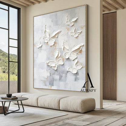 3D Textured Butterfly Art High-Relief Impasto White Beige Modern Minimalist Luxe Painting with Gold Accents AURA531