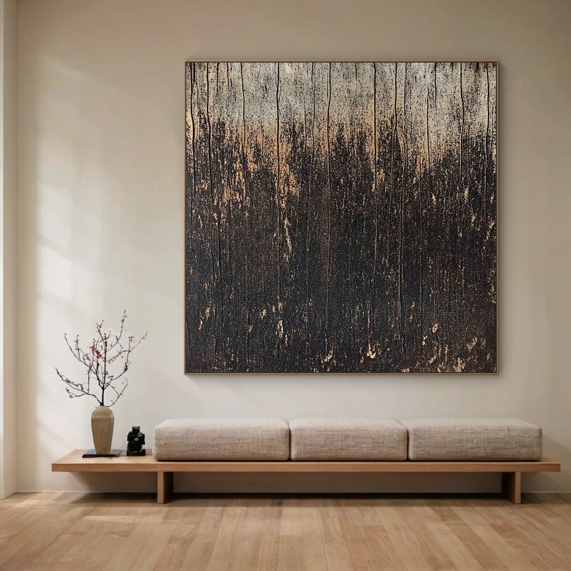 Wabi Sabi Distressed Wood Grain Black Brown Weathered Vertical Texture Artwork with Chipped Patina AURA592