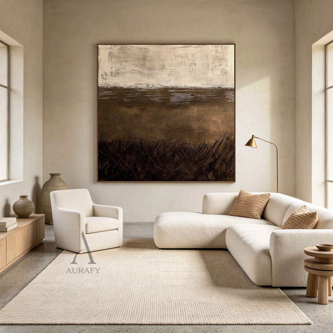 Dusk Horizon, Brown Beige Wabi Sabi Textured Painting AURA869
