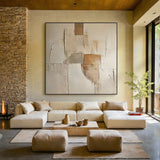 Wabi Sabi Beige Brown Impasto Artwork Tactile Surface Sculpted Canvas Irregular Block Design AURA577