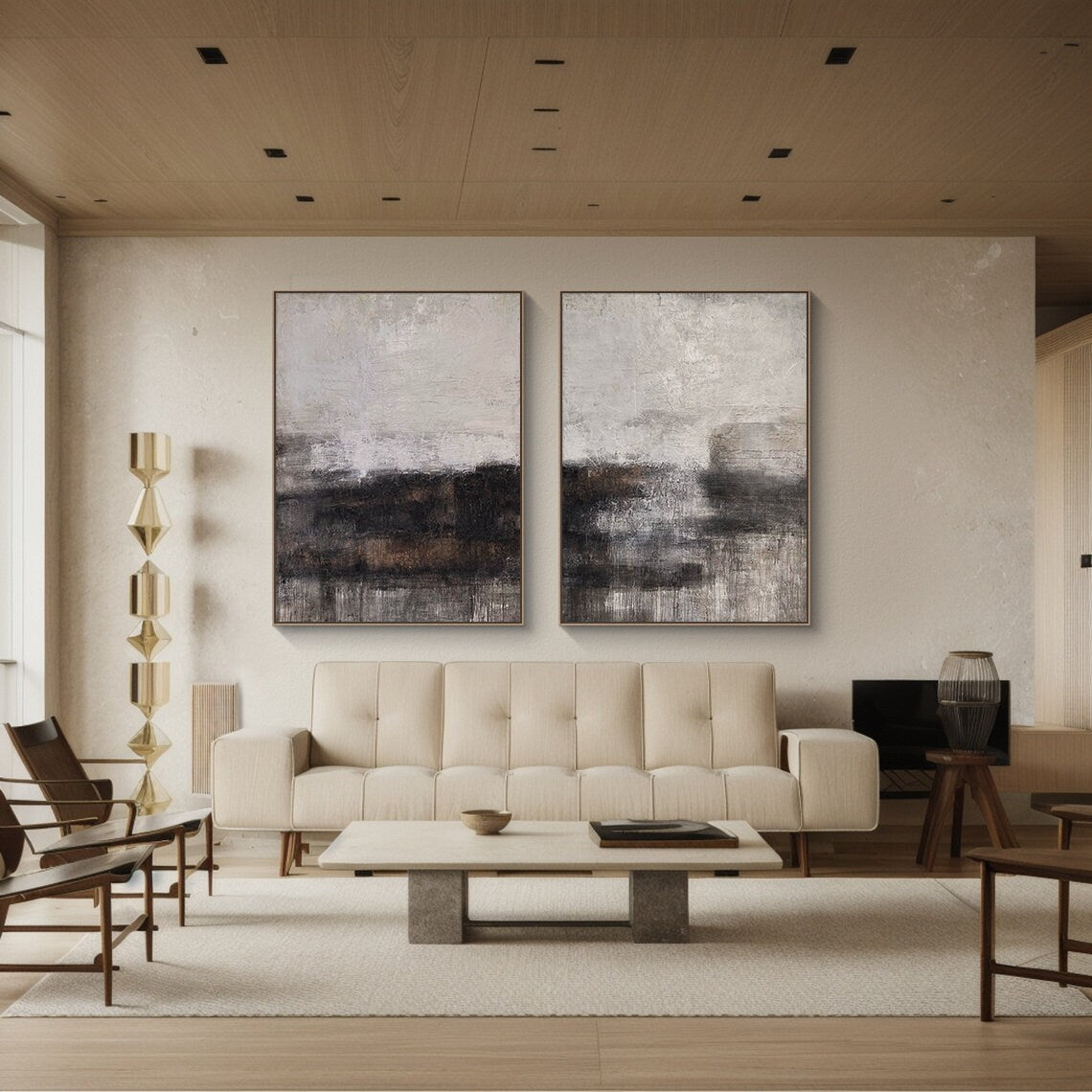 Wabi Sabi Abstract Canvas Wall Art Set of Two Beige Black Living Room Decor AURA207