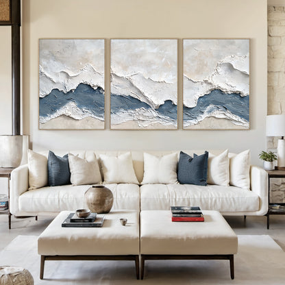 Modern 3D Textured Blue Abstract 3-Piece Living Room Wall Art AURA165