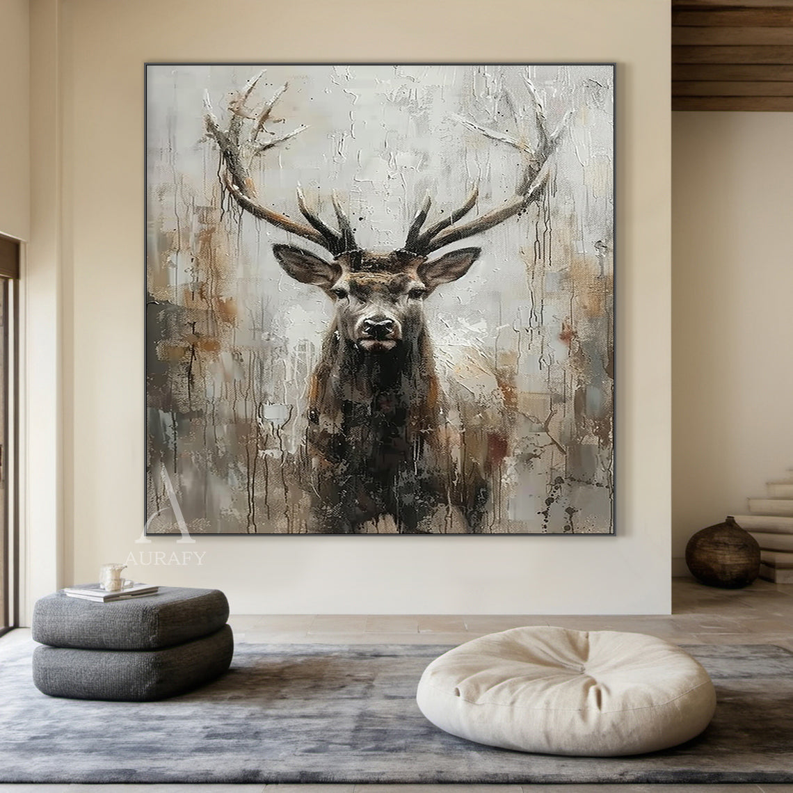 Large Textured Brown Stag Oil Painting Animal Wall Art for Living Room Canvas-AURA337