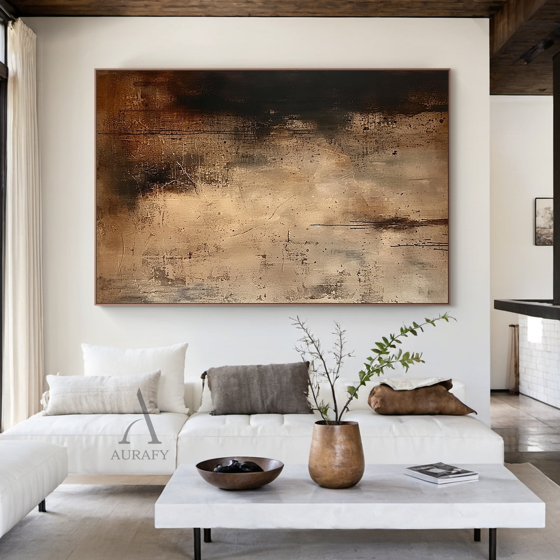 Rain Marks, Brown Drip and Patina Textured Painting AURA874