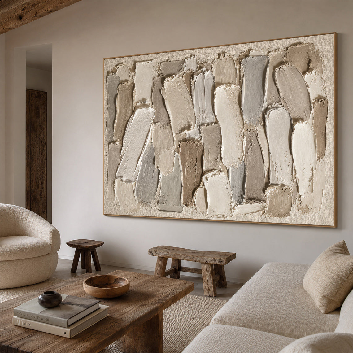 3D Textured Plaster Painting Japandi Wabi-Sabi Beige Brown Tactile Minimalist Luxe Sculpted Canvas Wall Art AURA754
