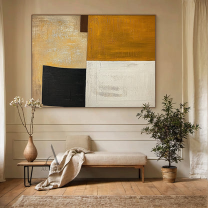 Mustard Yellow and Beige Abstract Painting with Black Blocks - AURA850