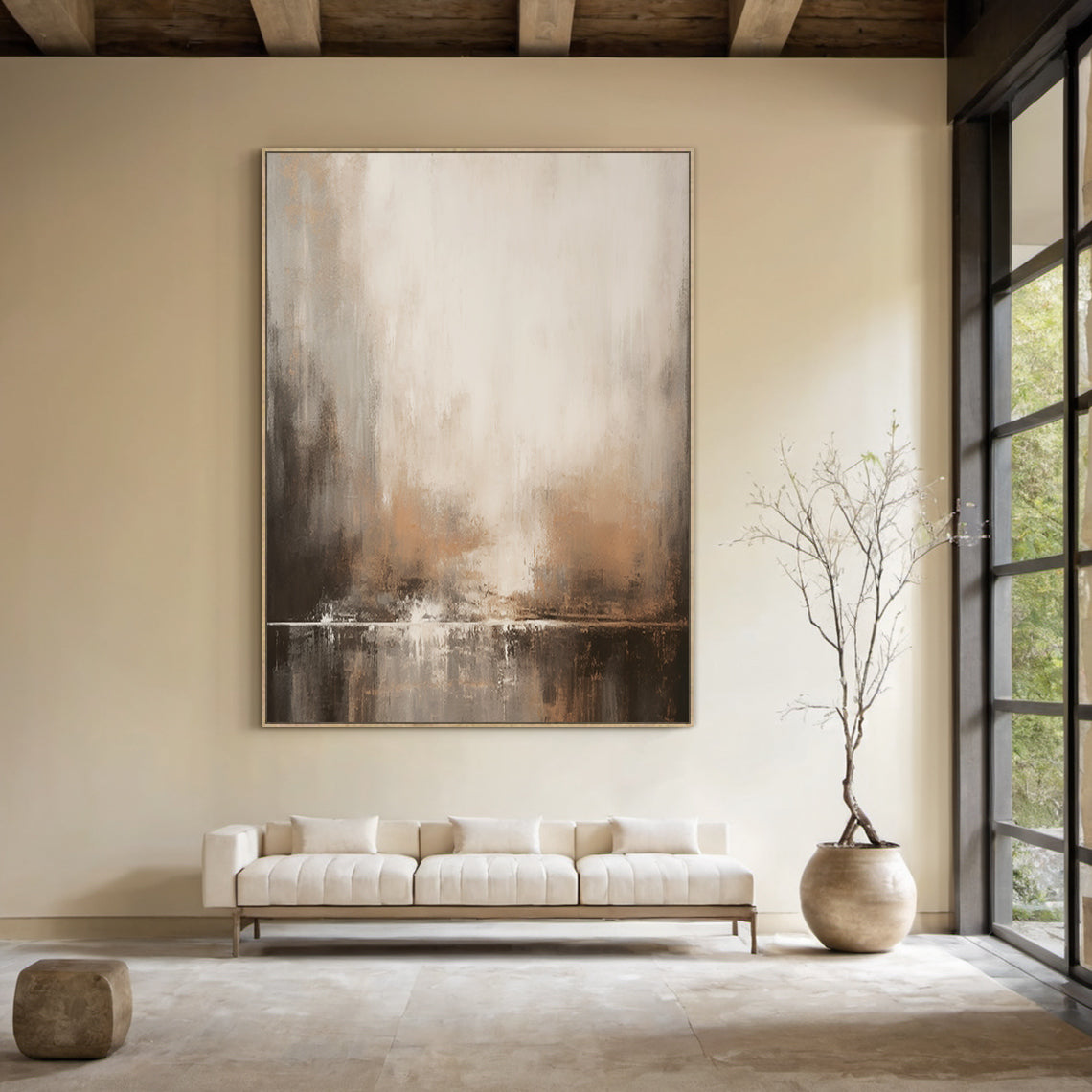 Wabi-Sabi Horizon Abstraction – Sandstone Umber & Mist Grey painting – AURA018(Horizontal)