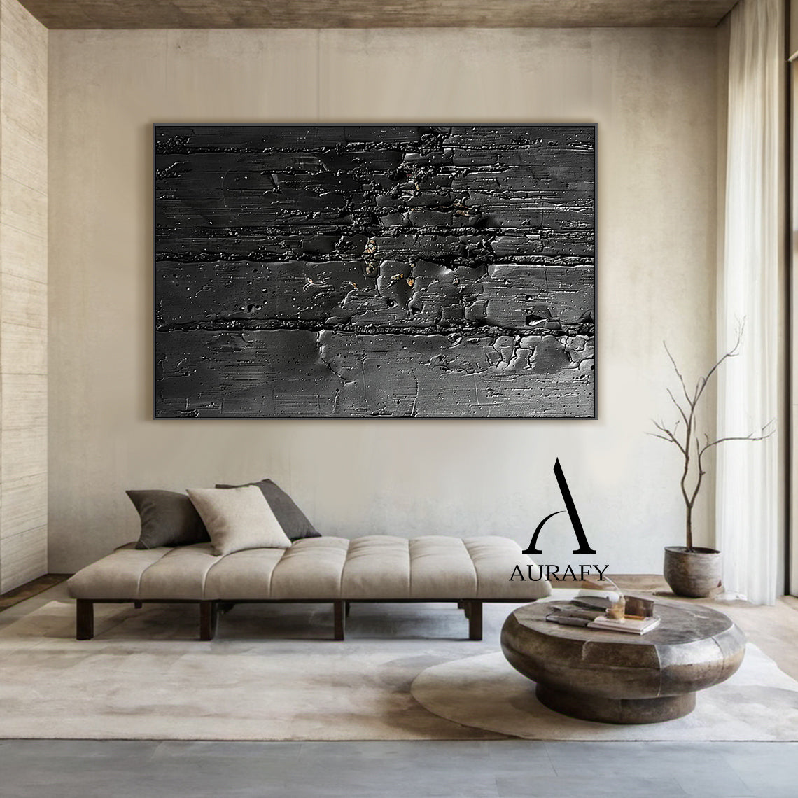 3D Textured Black Abstract Minimalist Painting Cracked Impasto Raised Ridges Tactile Artwork AURA529
